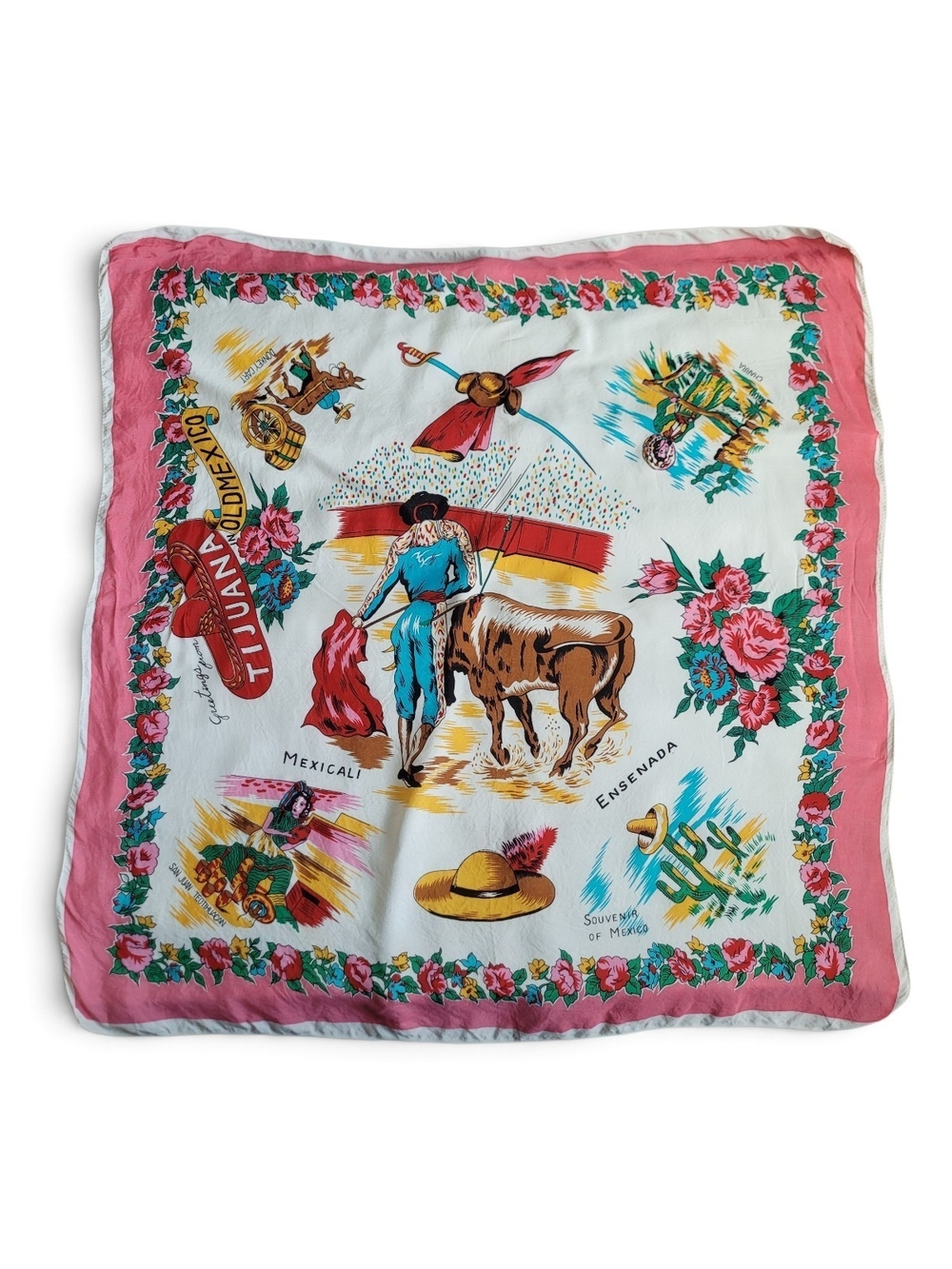 Vintage Mexican Souvenir Scarf Multicolor with Pink Border Kitsch 50s 60s